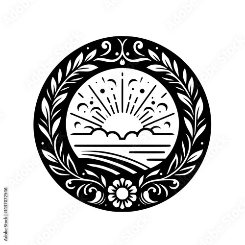 Monochromatic Floral Circle Logo: Sunset, Landscape, Ornament