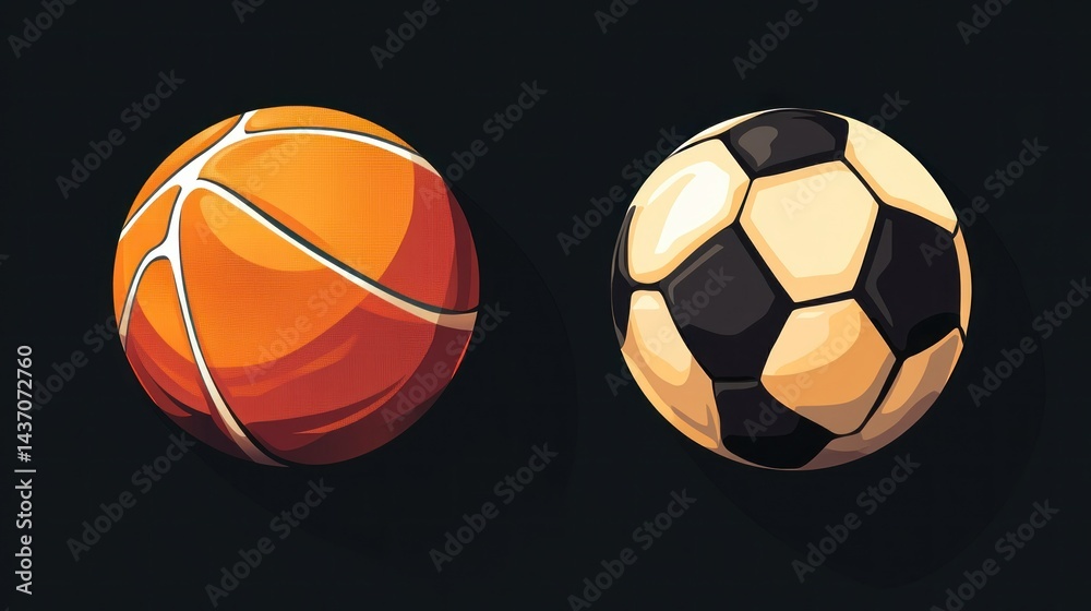 Basketball and soccer balls on dark background; game, sport, competition