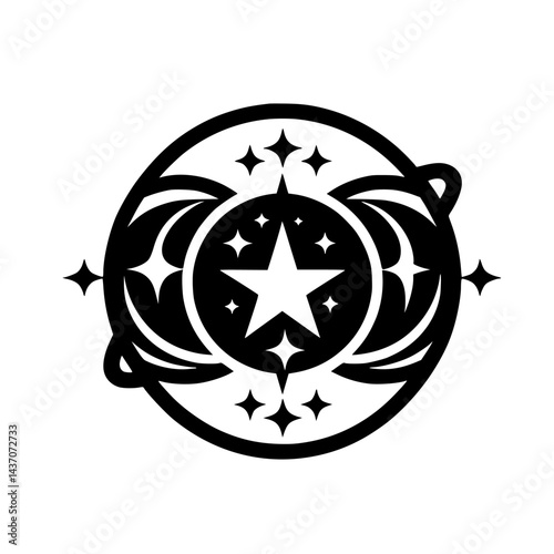 Celestial Emblem: Starburst & Orbital Black and White Design