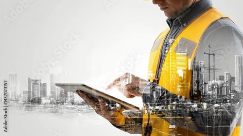 The Future of Construction: A construction worker, clad in safety vest, uses a digital tablet to manage construction project. Overlaying a cityscape.