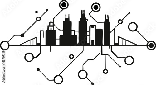 Cityscape connected via lines circles and circuits