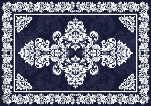 Elegant Navy Blue and White Damask Floral Pattern