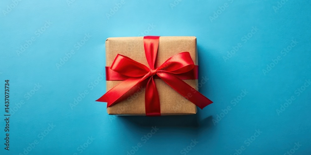 A simple gift box with a vibrant red ribbon bow, presented on a solid blue background. A simple gift box with a vibrant red ribbon bow, presented on a solid blue background.