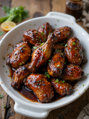 Chicken wings barbeque in a dish with BBQ grill sauce . Izgara tavuk kelebek sis kanat. Izgara tavuk sis, gogus.
