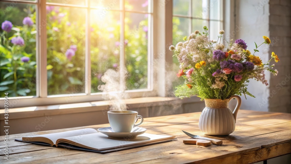 A peaceful morning scene sunlight streams through a window illuminating a steaming cup of coffee, an open book, and a vibrant bouquet of wildflowers in a rustic vase on a wooden table. A peaceful morning scene sunlight streams through a window illuminating a steaming cup of coffee, an open book, and a vibrant bouquet of wildflowers in a rustic vase on a wooden table.