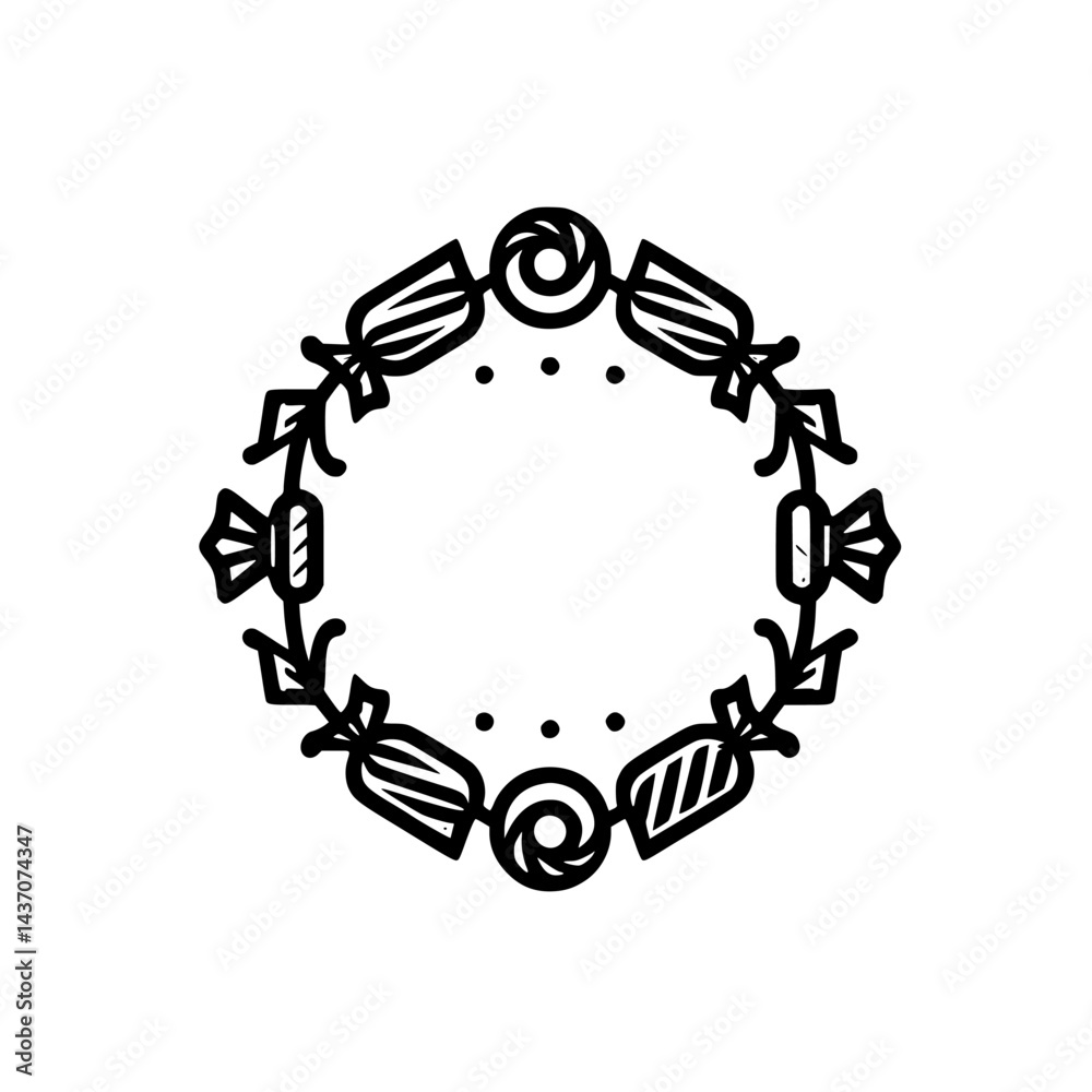 Obraz premium Sweet Treat Wreath: Hand-Drawn Candy Frame, Black & White Design