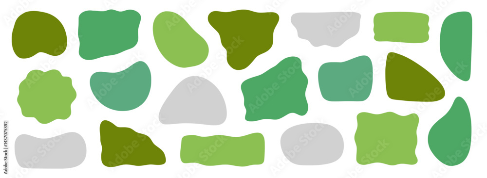 Abstract organic shape round form set. Liquid organic blob curve shape figure. Abstract liquid bubble, wavy different form. Soft round oval pattern background. Vector illustration