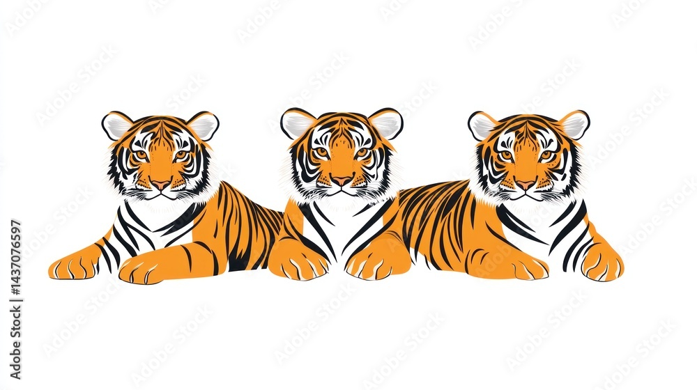 Fototapeta premium Three tiger cubs lying down, white background, wildlife illustration, perfect for children's books