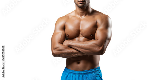 A muscular man with his arms crossed wearing blue shorts against a transparent background