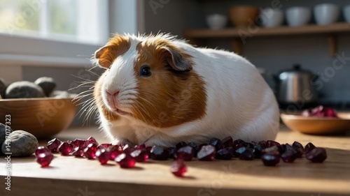 Guinea pig with gemstones on wooden surface indoors