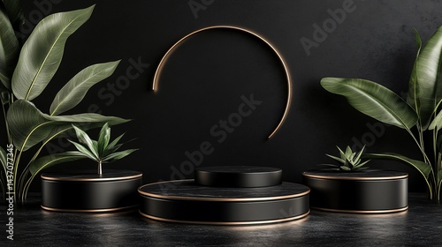 Black podium display with gold accents and tropical plants