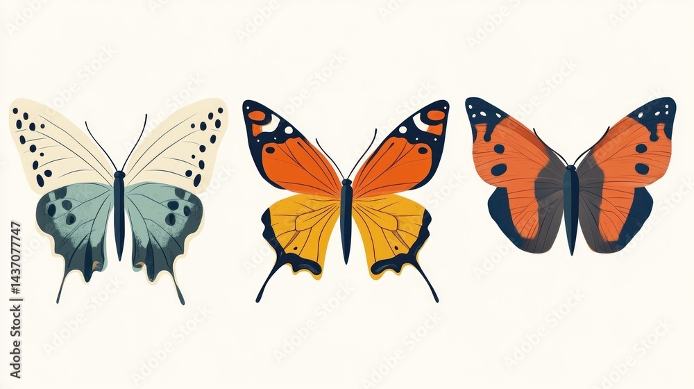 Fototapeta premium Three colorful butterflies, nature illustration, design element, white background