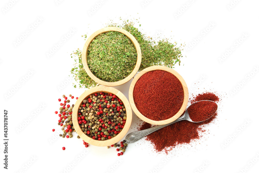 Different aromatic spices isolated on white, top view