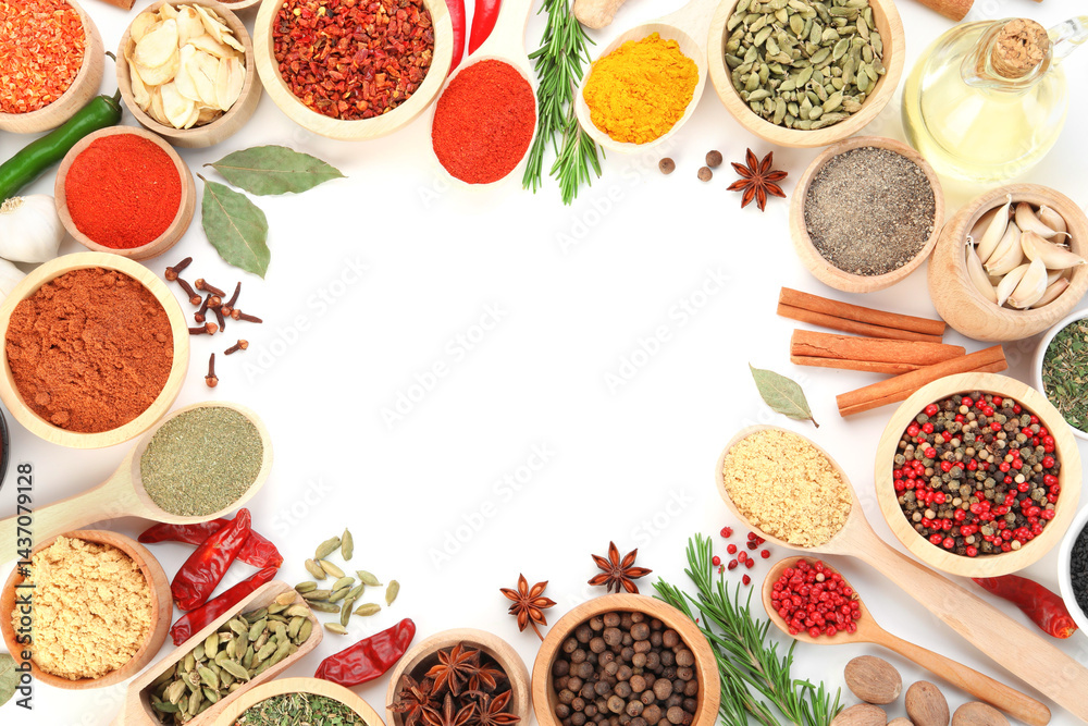 Frame of different aromatic spices on white background, top view