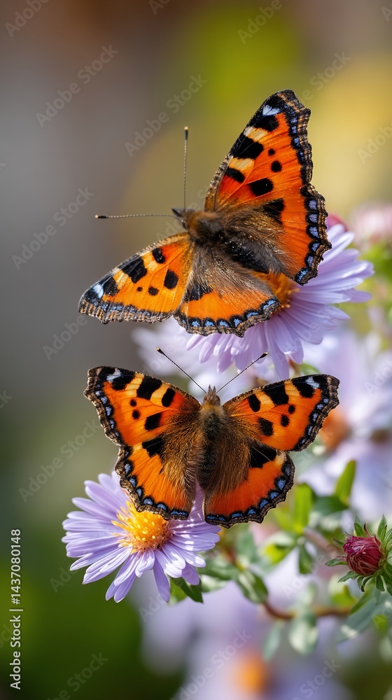 Obraz premium Two butterflies on a cluster of purple flowers, beautiful close-up in a garden, for a nature or wildlife image
