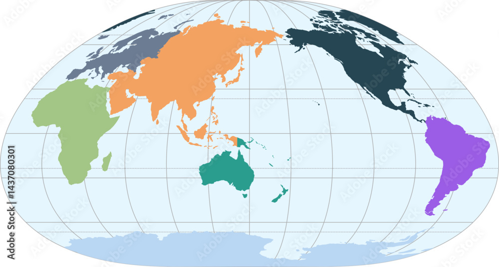 Fototapeta premium World vector map with continent boundaries and graticules in Asia-Pacific view (Loximuthal projection, PPT-compatible, pre-colored & fully editable)