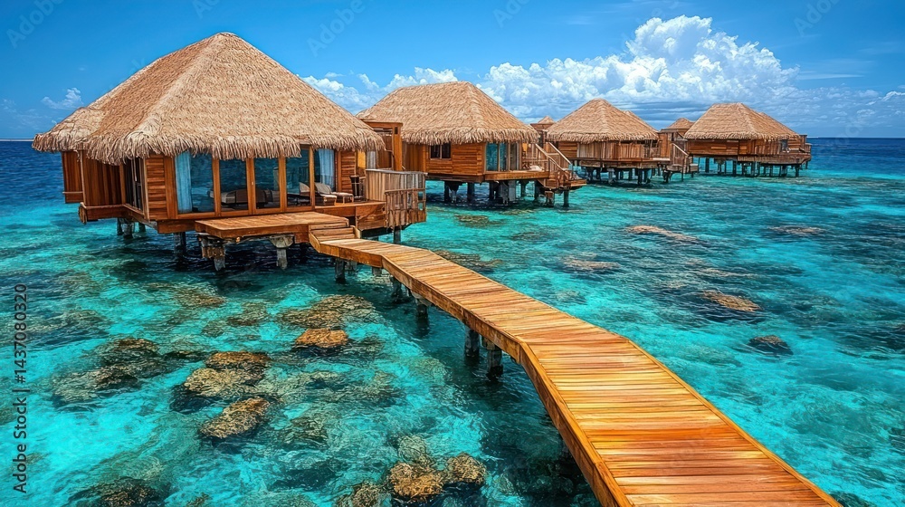 Fototapeta premium Overwater bungalows on a tropical island paradise
