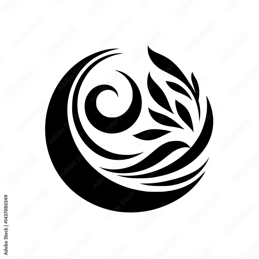Elegant Black & White Nature Logo: Leaves and Spirals Elegant Black & White Nature Logo: Leaves and Spirals