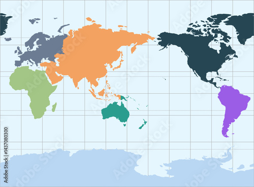 World vector map with continent boundaries and graticules in Asia-Pacific view (Miller projection, PPT-compatible, pre-colored & fully editable)