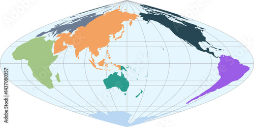 World vector map with continent boundaries and graticules in Asia-Pacific view (Craster parabolic projection, PPT-compatible, pre-colored & fully editable)