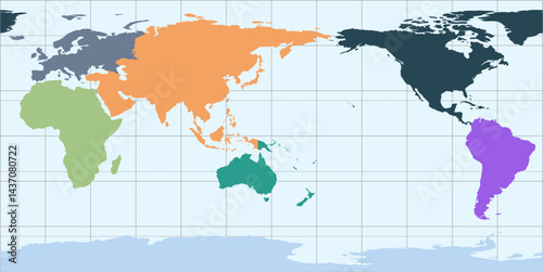 World vector map with continent boundaries and graticules in Asia-Pacific view (PPT-compatible, pre-colored & fully editable)