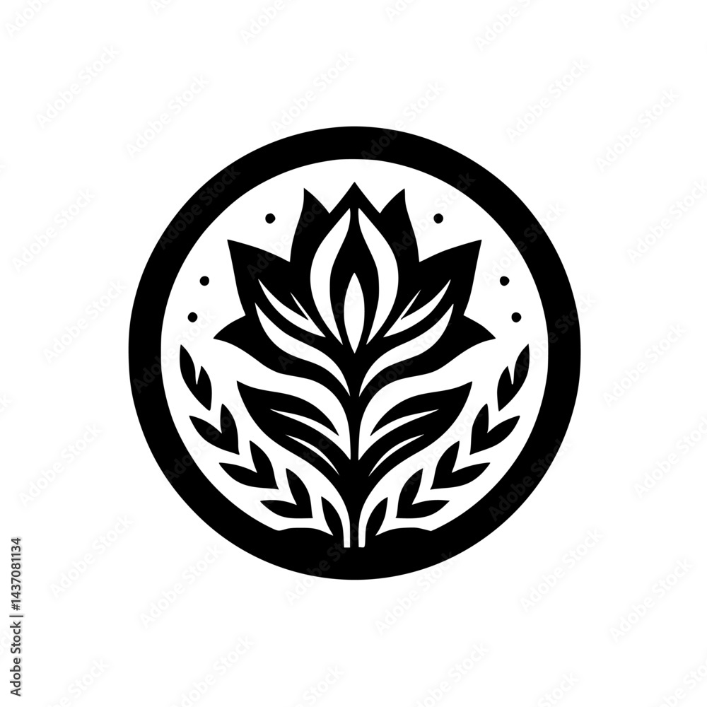 Black and White Floral Emblem in Circle, Minimalist Design Black and White Floral Emblem in Circle, Minimalist Design