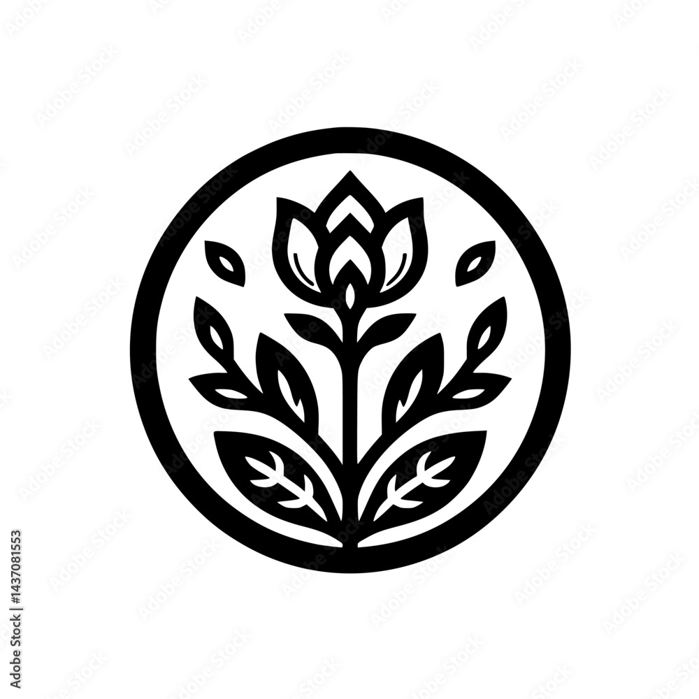Obraz premium Minimalist Floral Emblem: Black & White Nature Icon