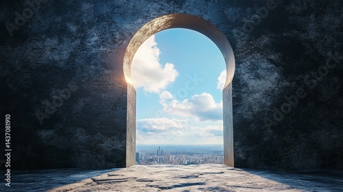 Concrete archway, city view,  sun rays, hope, escape
