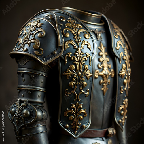 Intricately crafted medieval shoulder armor (pauldrons) featuring embossed gold designs photo