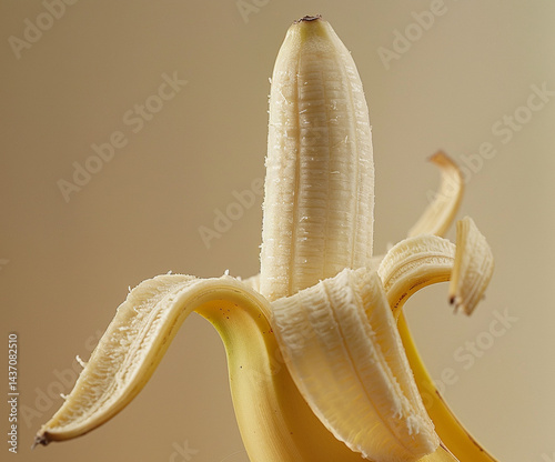 Close-up of a fresh peeled banana on neutral background, showcasing detailed texture and natural ripeness, ideal for healthy food concepts, organic lifestyle themes, and tropical fruit promotions