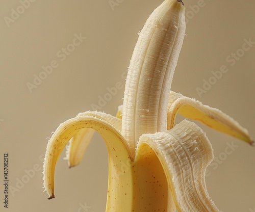 Close-up of a fresh peeled banana on neutral background, showcasing detailed texture and natural ripeness, ideal for healthy food concepts, organic lifestyle themes, and tropical fruit promotions