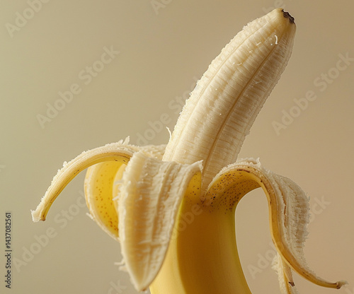 Close-up of a fresh peeled banana on neutral background, showcasing detailed texture and natural ripeness, ideal for healthy food concepts, organic lifestyle themes, and tropical fruit promotions