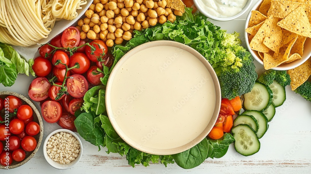 Creamy Dip with Fresh Vegetables and Pasta on White Wooden Background Creamy Dip with Fresh Vegetables and Pasta on White Wooden Background