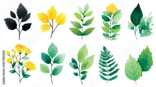 Watercolor Botanical Illustrations  Green   Yellow Leaves  Branches    Flowers