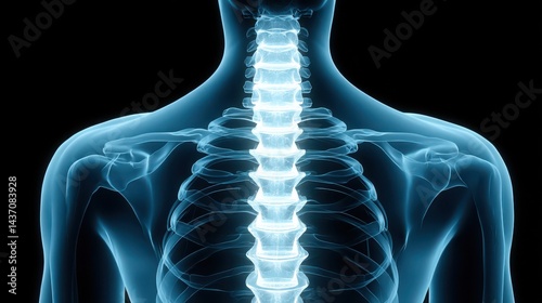 Spinal Nerves, X-ray image of a human spine showcasing vertebrae and ribs against a dark background.