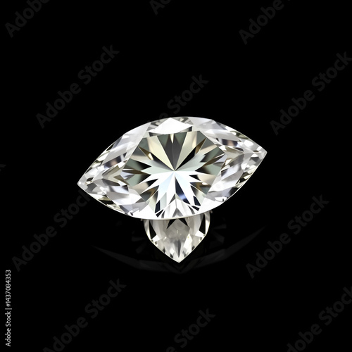 Faceted marquise cut diamond reflected on black glossy background, cut, glitter