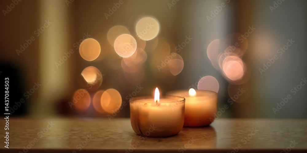 Two candles on a table, warm lights in background. Peaceful ambiance. Possible use desktop background Two candles on a table, warm lights in background. Peaceful ambiance. Possible use desktop background