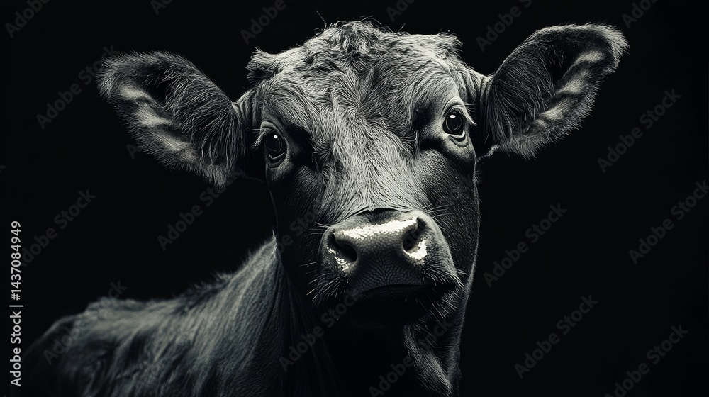 Naklejka premium Close-up Portrait of a Black Cow on black background