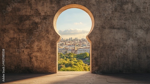 Keyhole view Cityscape through stone arch
