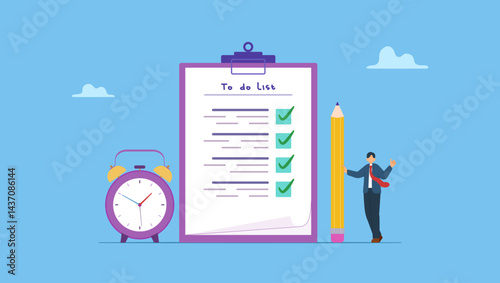 Vector illustration of happy, confidence businessman, employee ticks off completed to-do list. Successfully manage time management