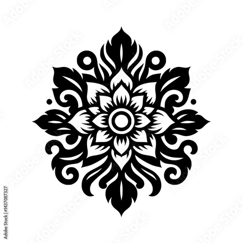 Thai Floral Mandala: Black & White Vector Design