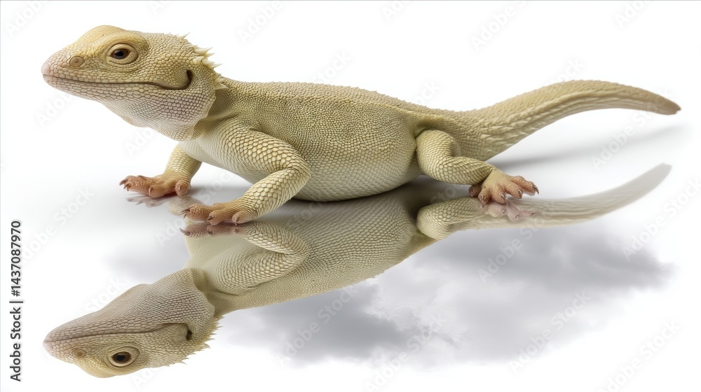 Fototapeta premium Elegant White Bearded Dragon Reflecting on Shiny Surface with Soft Cloud Background