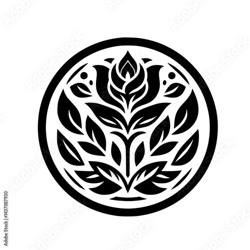Elegant Rose Motif: Black & White Floral Design in Circle