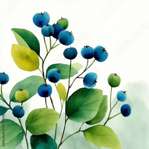 Watercolor Blueberry Branch  Botanical Illustration  Green Leaves  Blue Berries  Nature