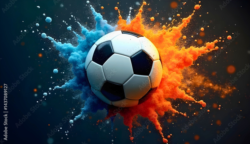 Naklejka premium A black soccer ball engulfed in flame, a fiery sphere in this sports game