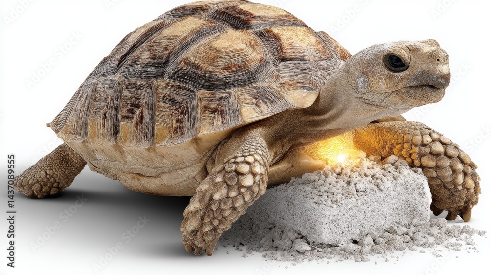 Naklejka premium Close-up of a tortoise resting on a concrete block in bright light with detailed shell texture
