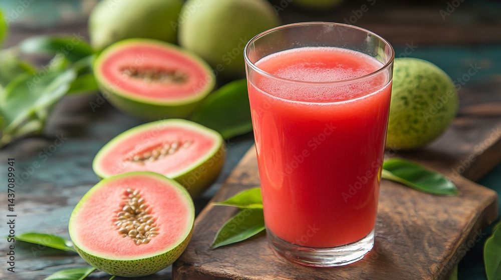 Refreshing guava juice in a glass, with halved fruits and greenery around Refreshing guava juice in a glass, with halved fruits and greenery around