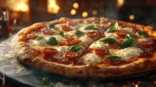Delicious, fresh pizza slices, topped with mozzarella, tomatoes, and basil.  Hot from the oven photo