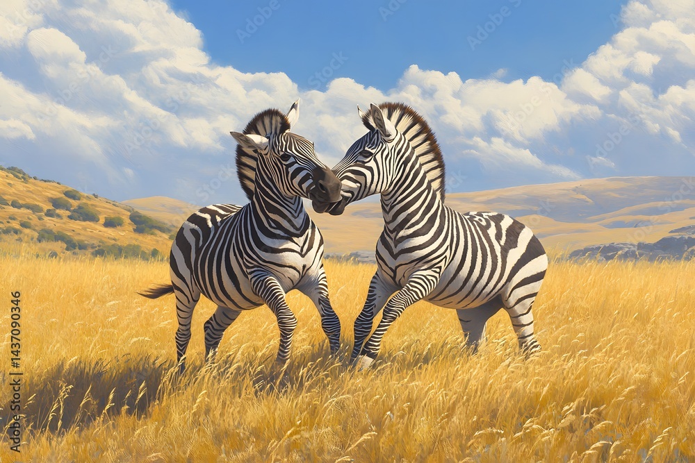 Naklejka premium Two zebras facing each other in a field of tall grass under a blue sky with white clouds art
