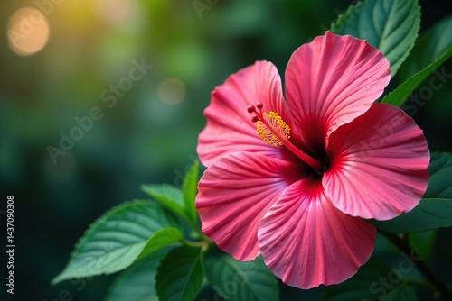Intricate hibiscus blossoms, vibrant hues, lush leaves , red, background